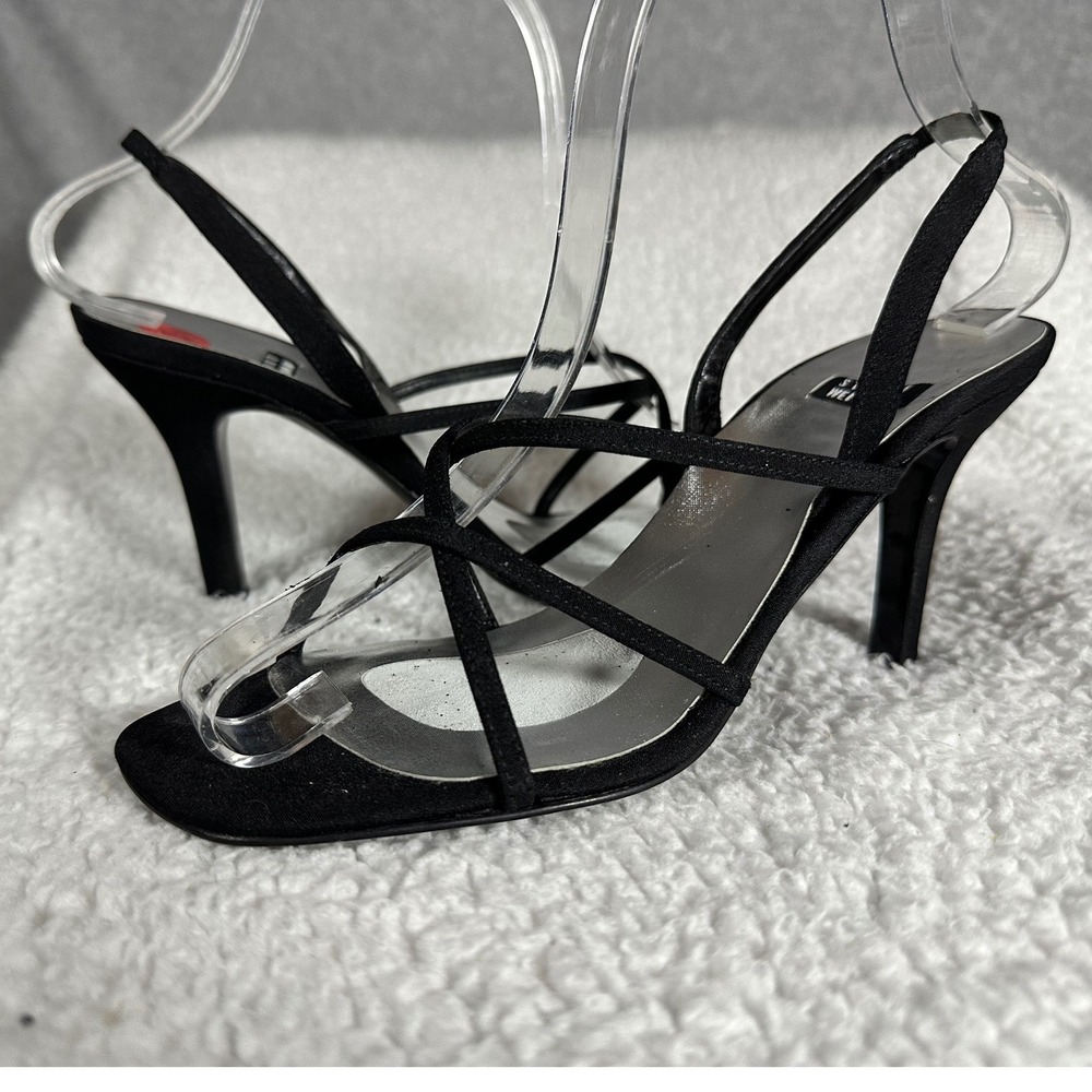 Stuart Weitzman NWB Quadro Black Peau Suede Strappy Heels Sz 6.5W Square Toe